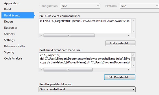 pre and post build events for powershell cmdlet development